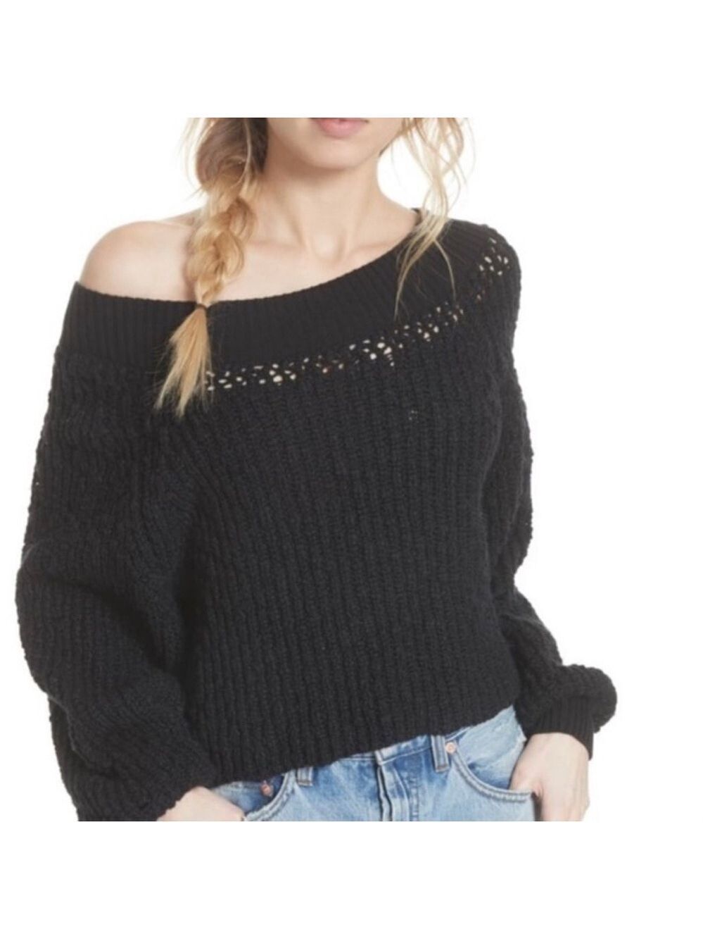 Free People Pandora Boatneck Cropped Full Sleeve Sweater SZ S Black